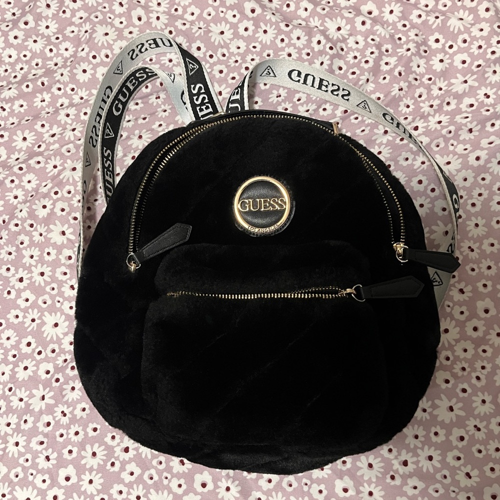 GUESS Black Velvet Backpack with Logo Straps